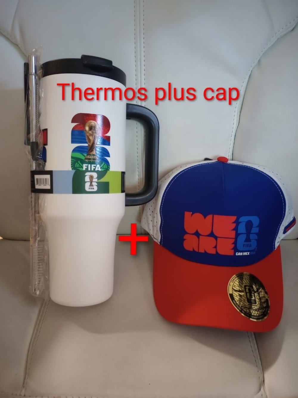 FIFA Branded White Travel Thermos with Blue & Red 'We Are' Cap
